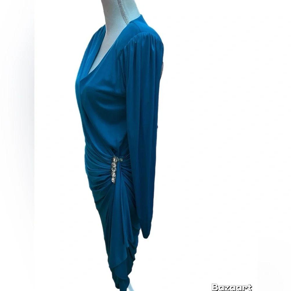 Vintage Lillie Rubin Women’s Dress Size 10 Turquoise Wrap Dress Long Sleeve - Picture 3 of 6
